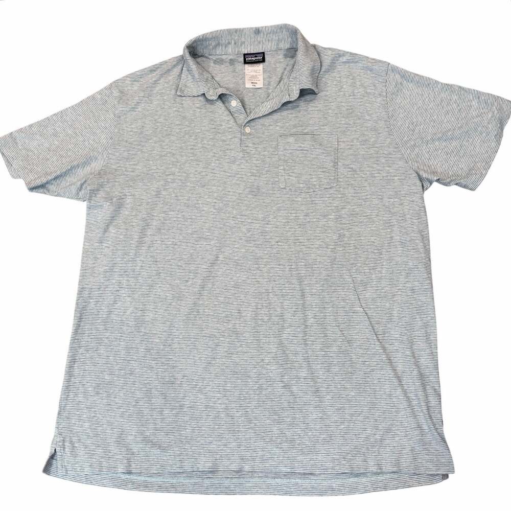 Patagonia Organic Cotton Short Sleeve Blue & Gray Striped Polo Pocket XXL 52776